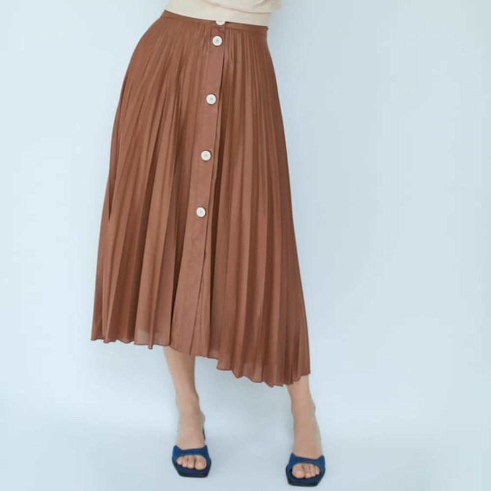 ZARA -  PLEATED BUTTONED SKIRT BROWN